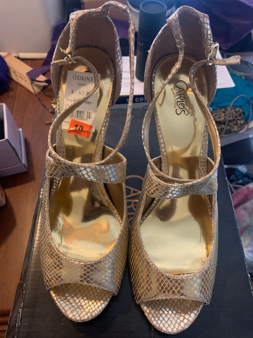 Carlos by Carlos Santana Gold Metallic Snake-Print Peep-Toe Heels